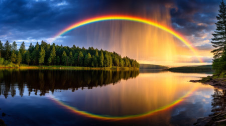 A bright rainbow over the lakeの素材