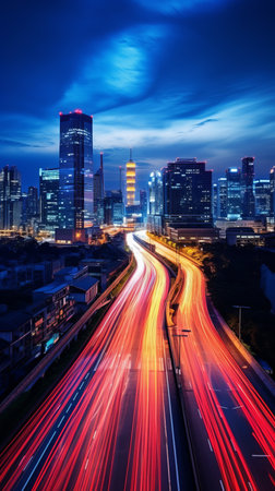 Cityscape with long exposure. The dynamic energy of the night cityの素材