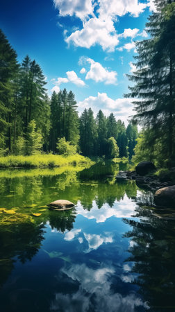 Panoramic quiet forest lake with reflection of trees on quiet waterの素材