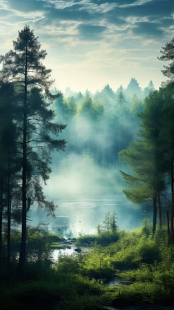 Foggy morning panorama of the forest covered with morning fogの素材
