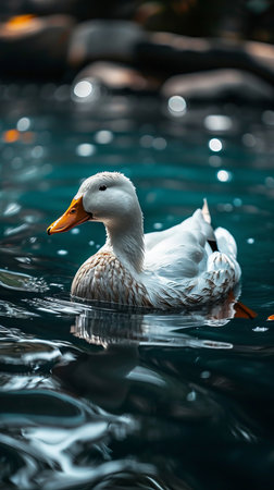 A white duck floats peacefully on the water. Carefree and calm conceptの素材