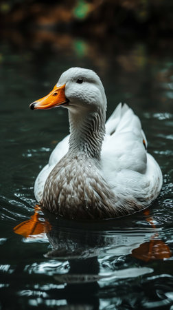 A white duck floats peacefully on the water. Carefree and calm conceptの素材