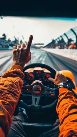 Driver of a racing car raises his arms in victoryの素材