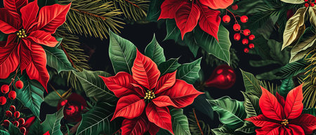 Beautiful red poinsettia flowers pattern. Elegant and festive backgroundの素材