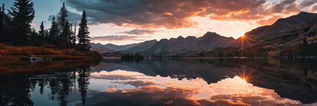 Tranquil sunset scene in the mountains. Serene lake reflects the sun setting behind the rocky peaks. A warm and picturesque glowの素材