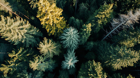 Bird's eye view of the trees in the forest. Lush and dense forestの素材