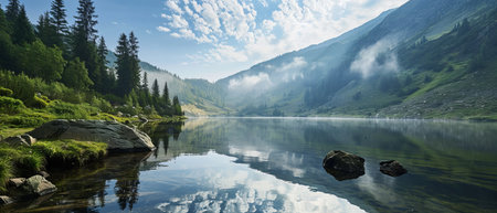 Mountain lake in soft morning light. Calm and carefree landscape. Mountains are reflected on the surface of calm waterの素材