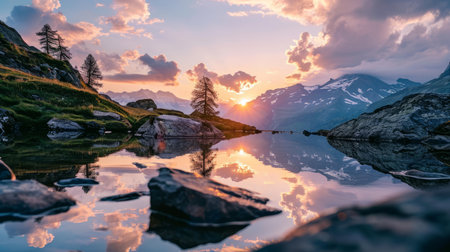 Tranquil sunset scene in the mountains. Serene lake reflects the sun setting behind the rocky peaks. A warm and picturesque glowの素材
