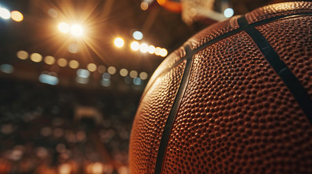 Close-up of a basketball placed in the center of the stadium. Texture and details of the ball on the background of the courtの素材