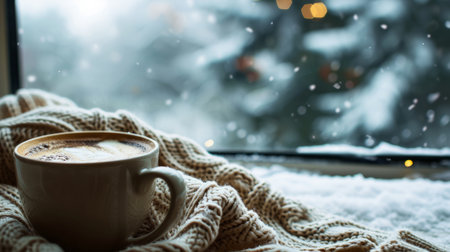 Cozy winter window with a cup of coffee and a knitted sweater on the windowsill. Carefree winter landscapeの素材