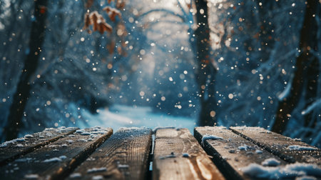 Empty dark wooden. Carefree winter atmosphere. Dark wood and white snowの素材