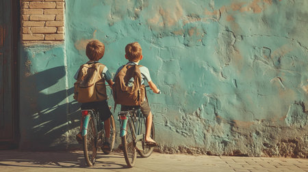 Two boys with backpacks on bicycles going to schoolの素材
