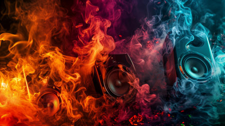 Bright speakers engulfed in fire and smoke. Dynamic colorful backgroundの素材