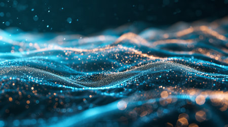 Abstract background with wavy particles technology. Dynamic and futuristic visuals. A combination of technology and creativityの素材