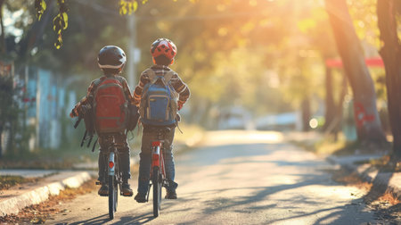 Two boys with backpacks on bicycles going to schoolの素材