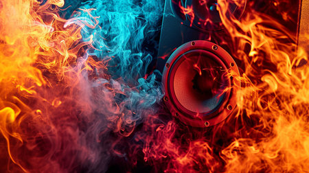 Bright speakers engulfed in fire and smoke. Dynamic colorful backgroundの素材