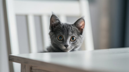 A gray short-haired kitten with a frightened expression is peeking out from behind the white tableの素材