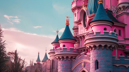 Pink princess castle. Soft pink color, fabulous architecture. Magical and dreamy atmosphereの素材