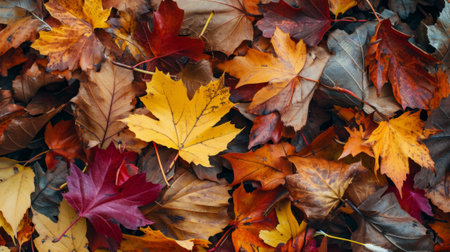 Autumn leaves background with rich and warm colors of autumn leaves. Fallen leaves on the groundの素材