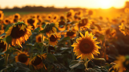Sunflower field during daylight. Bright yellow sunflowers bathed in natural sunlight. A feeling of warmth, beauty, peace of nature. Concept of positivity and energy of the sunの素材