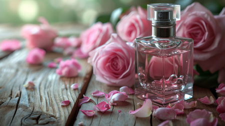 Aromatic perfume bottle with pink roses, Elegant and romantic scene. Pink roses with a delicate and pleasant aromaの素材