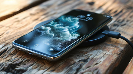 A smartphone on a modern wireless charger. Convenience and efficiency of wireless charging technology. Modern and elegant design of the wireless chargerの素材