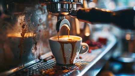 Espresso machine makes fresh coffee. A rich and aromatic espresso preparation processの素材