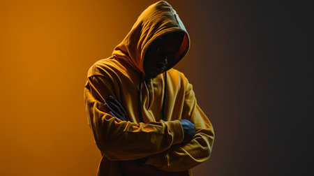 Rapper is wearing a yellow hoodie on a dark backgroundの素材