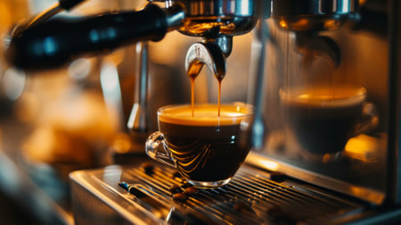 Espresso machine makes fresh coffee. A rich and aromatic espresso preparation processの素材