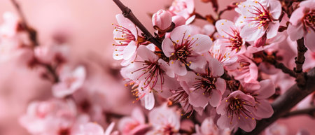 Soft and delicate cherry blossoms are beautifully arranged on a soft pink backgroundの素材
