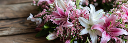 A beautiful floral wreath is decorated with delicate pink flowers and delicate white flowersの素材