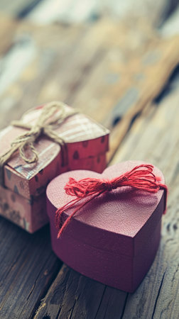 Two heart-shaped gift boxes placed next to each other present a sweet and romantic scene, perfect for expressing love and affection on special occasionsの素材