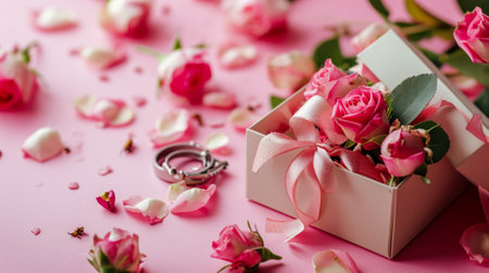Valentine's day celebration with wedding gift box on magical pink background. Romantic and festive atmosphereの素材