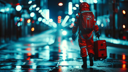 An astronaut walks through the illuminated night streets of the city holding a suitcase in his handsの素材