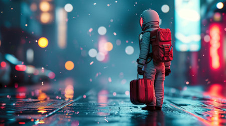 An astronaut walks through the illuminated night streets of the city holding a suitcase in his handsの素材