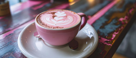 A cup of coffee decorated with a pink heart-shaped pattern on a plateの素材