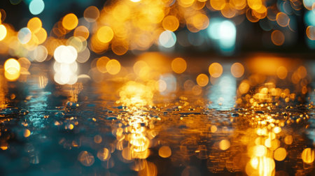 Glowing glow of golden lights in a foggy city night. Abstract background of blurred city with shimmering reflections of city lightsの素材