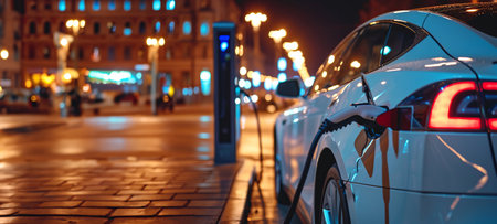 Electric car charging stand next to white electric car with copy spaceの素材