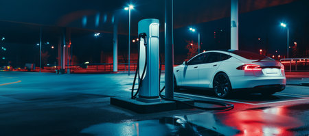 Electric car charging stand next to white electric car with copy spaceの素材