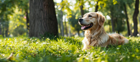 A domestic dog is playing on a bright green lawn. A joyful dog plays enjoying the warmth of the seasonの素材