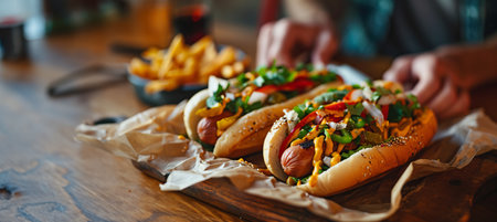 A man savors a juicy hot dog with toppings and friesの素材