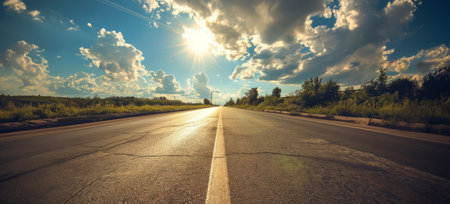 Road and the sky are in the radiant glow of sunlight. Bright sun shines on the streetの素材