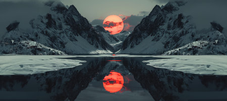 Snow-capped mountains with a red sunの素材
