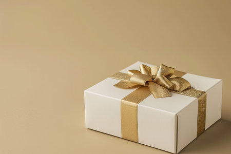 Beige background with open gift box and gold ribbonの素材