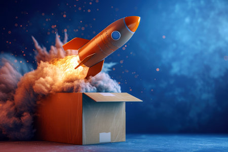 Illustration of launching a small rocket from a boxの素材