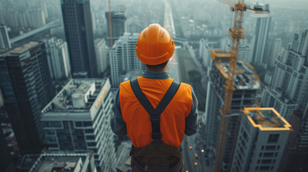 A man in an orange helmet looks at the cityの素材