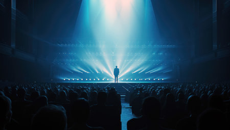 Stage in neon light in theater with peopleの素材