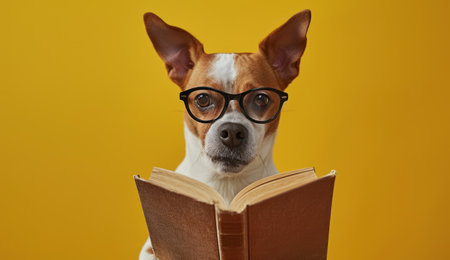 A dog in glasses with a book on a yellow backgroundの素材