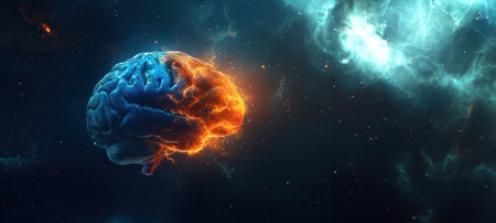 Little blue brain with orange space star with copy spaceの素材