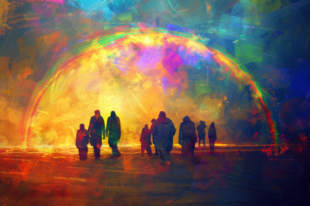 A group of people in front of a rainbow in the style of an oil paintingの素材